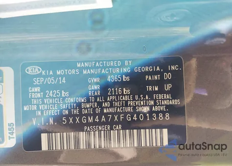 2015 Kia Optima Lx z USA, uszkodzony, nr VIN 5XXGM4A7XFG401388